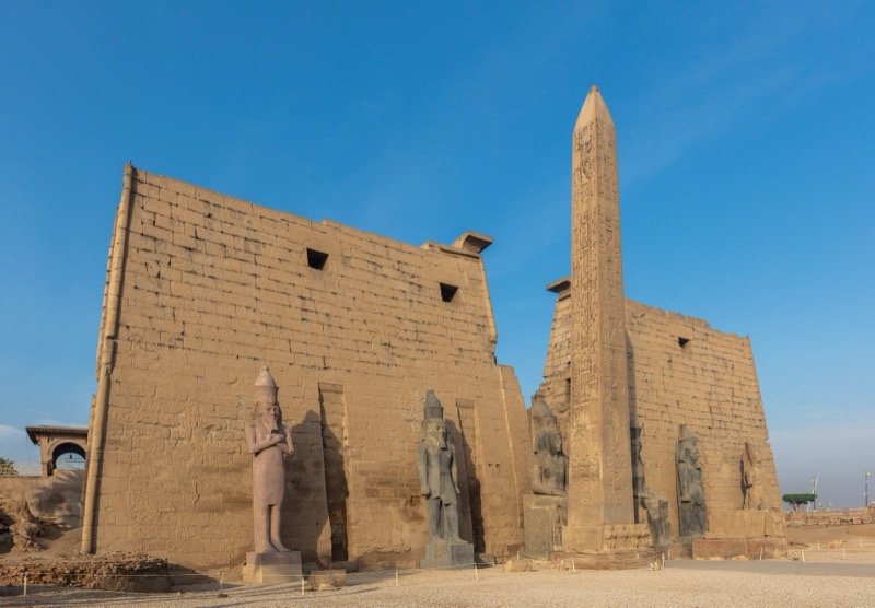 Luxor Temple pylon and entrance at dusk with soft evening light